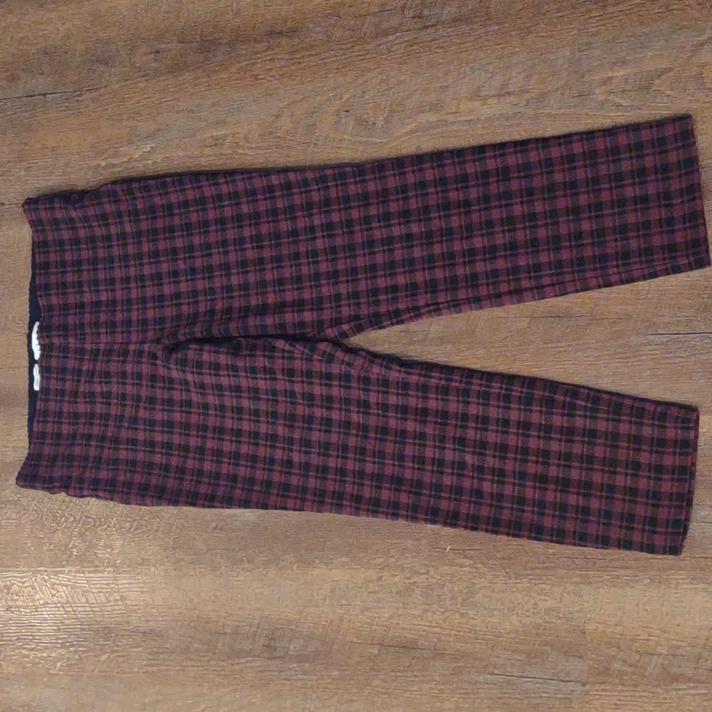 Elle women's large skinny ankle maroon black‎ plaid stretch waist pants